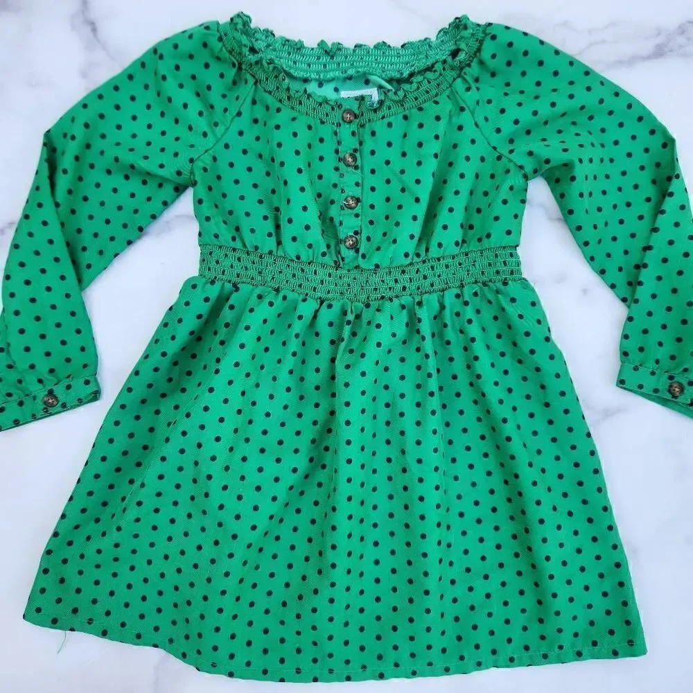 Old Navy girls bright green polka dot dress long sleeve pullover